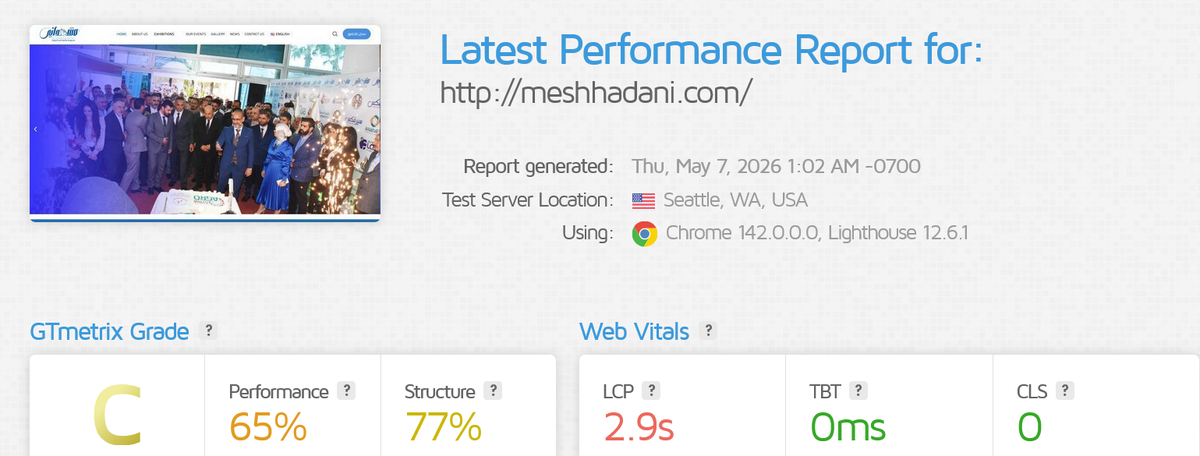 GTmetrix report for meshhadani.com: grade C, 65% performance, 77% structure, LCP 2.9s