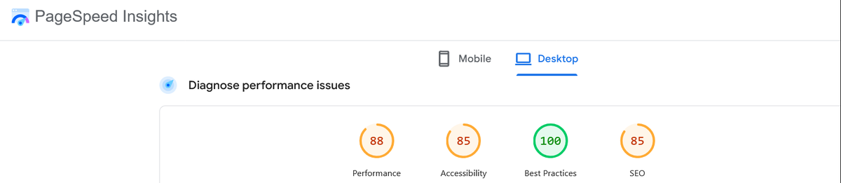 Google PageSpeed Insights desktop scores for meshhadani.com: 88 performance, 85 accessibility, 100 best practices, 85 SEO