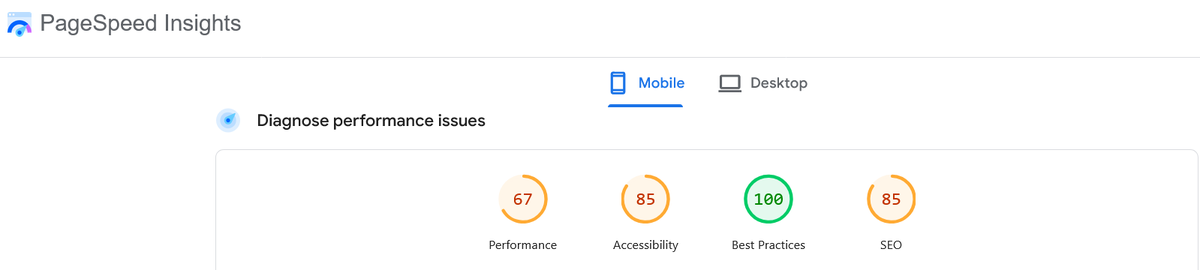 Google PageSpeed Insights mobile scores for meshhadani.com: 67 performance, 85 accessibility, 100 best practices, 85 SEO